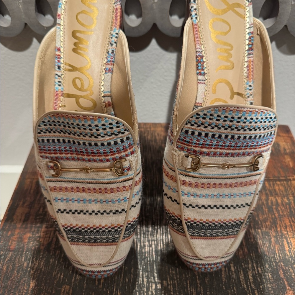 Sam Edelman Cream and Blue Mule Loafers with Geometric Pattern